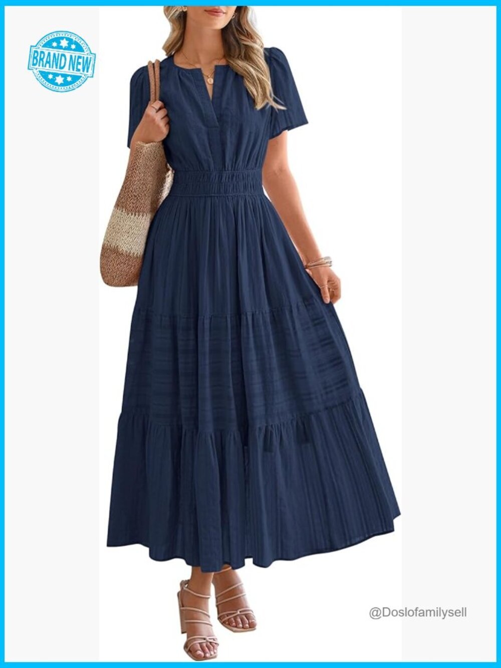 Midi Maxi Dress Short Sleeve V Neck Elastic Waist Boho Beach Dress Pockets